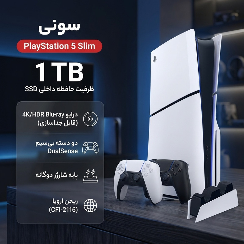 کنسول بازی سونی مدل PlayStation 5 Slim ظرفیت 1 ترابایت ریجن CFI-2116 اروپا به همراه دسته اضافی و پایه شارژر