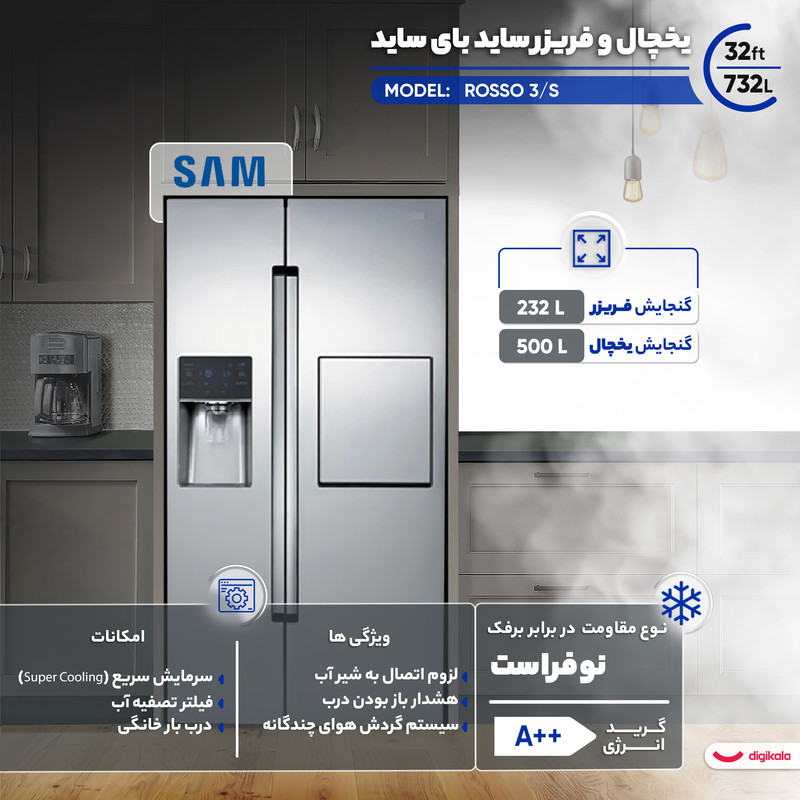 یخچال فریزر ساید بای ساید 32 فوت سام مدل ROSSO 3/S