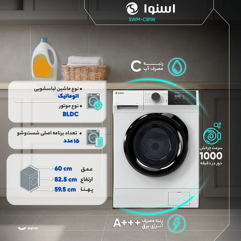 ماشین لباسشویی 8 کیلوگرم اتوماتیک اسنوا مدل SWM-C81W