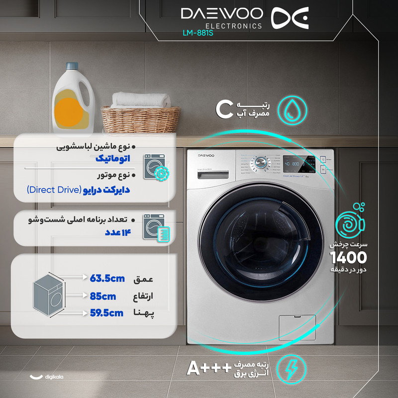 ماشین لباسشویی 8 کیلوگرم اتوماتیک دوو مدل LM-881S
