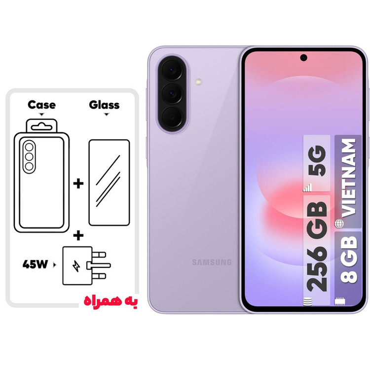 گوشی موبایل سامسونگ مدل Galaxy A37 دو سیمکارت ظرفیت 256 گیگابایت و رم 8 گیگابایت - ویتنام - به همراه یک عدد شارژر 45 وات سامسونگ، یک عدد کابل UBS-C به طول 1.8 متر، یک عدد کاور سیلیکونی و یک عدد محافظ صفحه نمایش