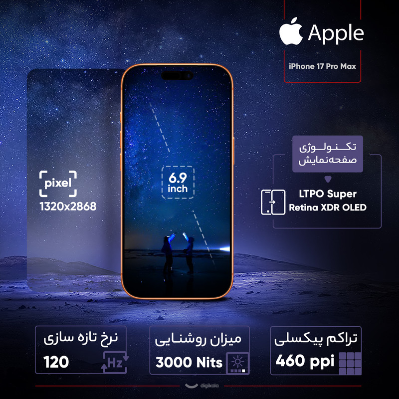 گوشی موبایل اپل مدل iPhone 17 Pro Max ZAA تک سیم کارت + eSim ظرفیت 512 گیگابایت و رم 12 گیگابایت - اکتیو - به همراه شارژر 20 وات اپل