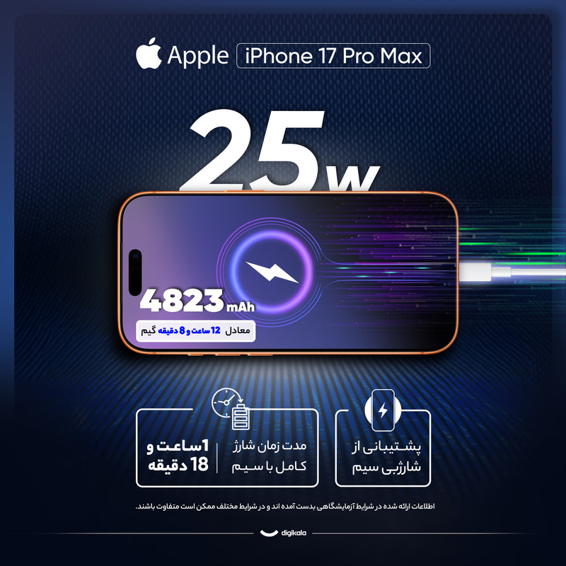 گوشی موبایل اپل مدل iPhone 17 Pro Max ZAA تک سیم کارت + eSim ظرفیت 512 گیگابایت و رم 12 گیگابایت - اکتیو - به همراه شارژر 20 وات اپل