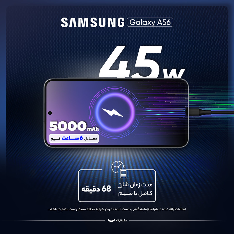 گوشی موبایل سامسونگ مدل Galaxy A56 دو سیم کارت ظرفیت 256 گیگابایت و رم 8 گیگابایت - ویتنام - به همراه شارژر 25 وات سامسونگ