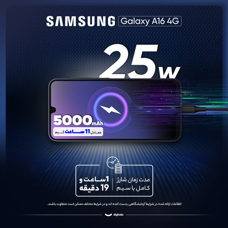 گوشی موبایل سامسونگ مدل Galaxy A16 4G دو سیم کارت ظرفیت 128 گیگابایت و رم 4 گیگابایت - ویتنام - به همراه شارژر 25 وات سامسونگ، 2 عدد کاور و 1 عدد محافظ صفحه نمایش