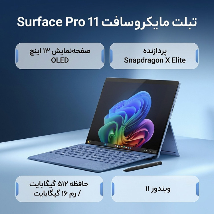 تبلت 13 اینچی مایکروسافت مدل Surface Pro 11-Snapdragon X Elite OLED ظرفیت 512 گیگابایت و رم 16 گیگابایت به همراه کیبورد Surface Pro Copilot و قلم Slim Pen 2