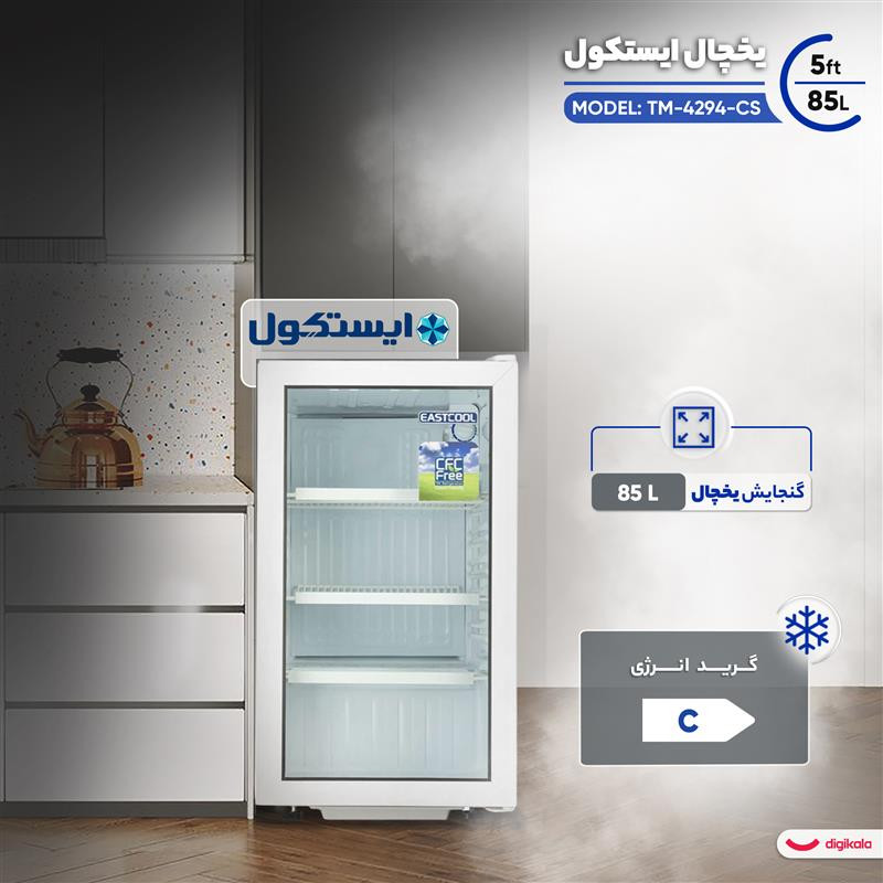 یخچال 5 فوت ایستکول مدل TM-4294-CS، با ارتفاع 80، پهنای 45 و عمق 52 سانتی متر، میزان مصرف انرژی C، دارای 4 طبقه در یخچال، دارای پایه های قابل تنظیم