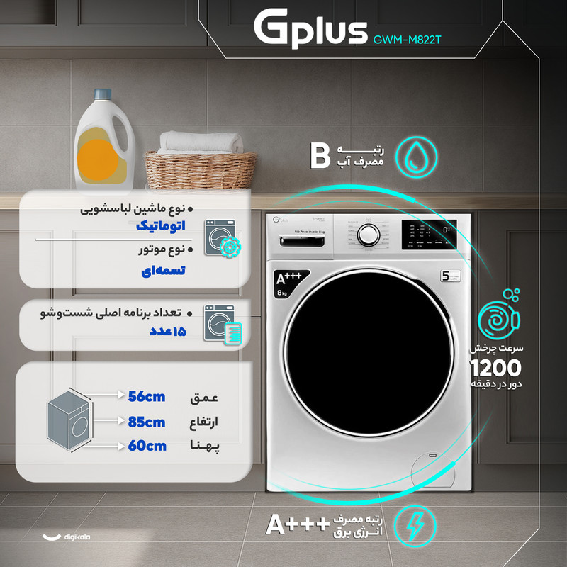 ماشین لباسشویی 8 کیلوگرم اتوماتیک جی پلاس مدل GWM-M822T