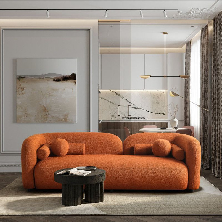 مبل راحتی سه نفره با روکش پارچه و پایه چوب مدل Ro-7174 به همراه 4 کوسن