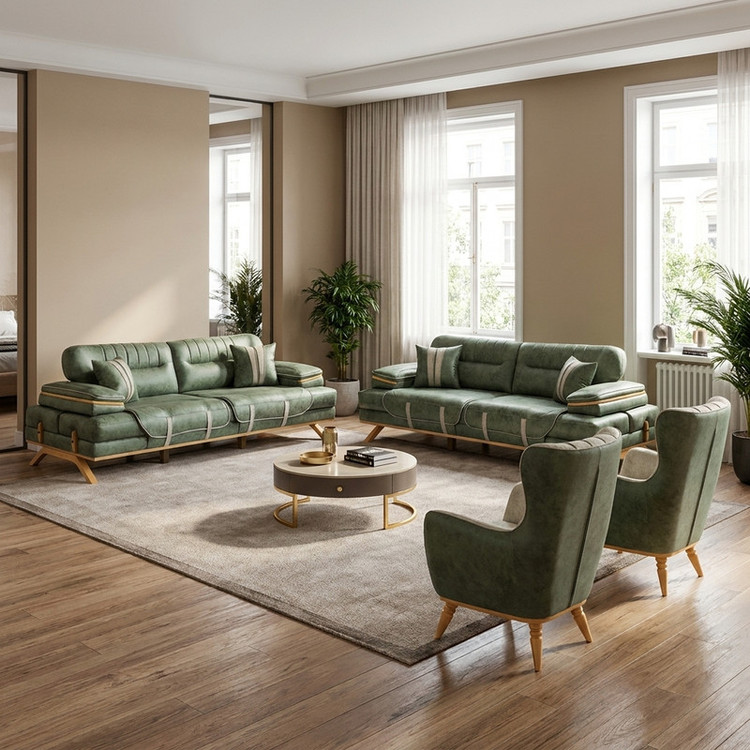 مبل تختخوابشو هشت نفره با روکش پارچه و پایه چوب راش صنعت آدلی مدل مکانیزه پلاس به همراه 4 کوسن