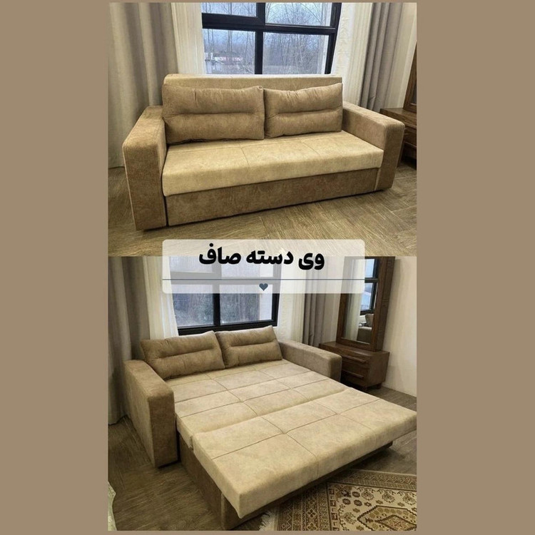 مبل تختخوابشو دو نفره با روکش پارچه و پایه فلز مدل ریلی به همراه 2 کوسن