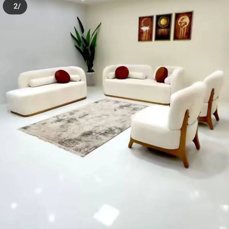 مبل راحتی هشت نفره با روکش پارچه و پایه چوب مدل لارن به همراه 4 کوسن