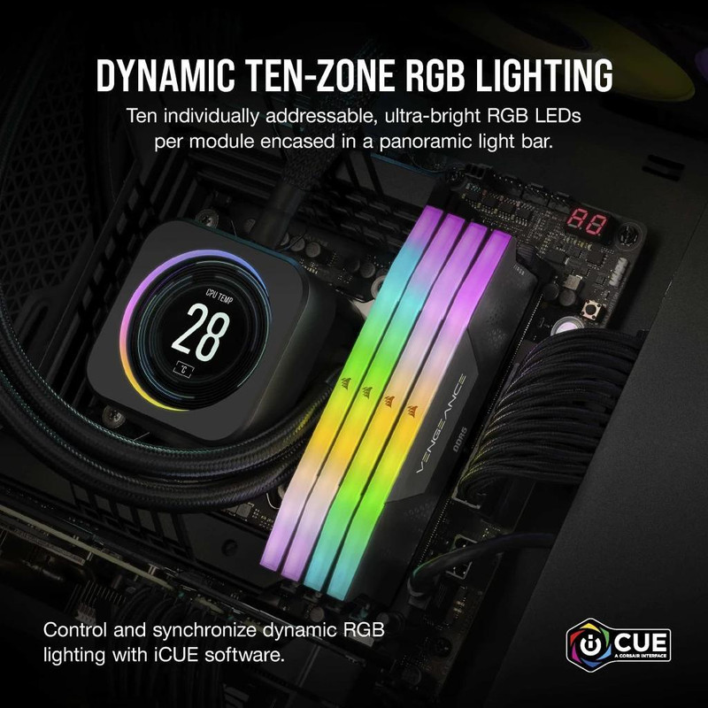 رم دسکتاپ DDR5 کورسیر مدل VENGEANCE RGB ظرفیت 64 گیگابایت دو کاناله 6000 مگاهرتز CL40 با هیتسینک خنککننده و ماژول U-DIMM دو عدد 32 گیگابایتی