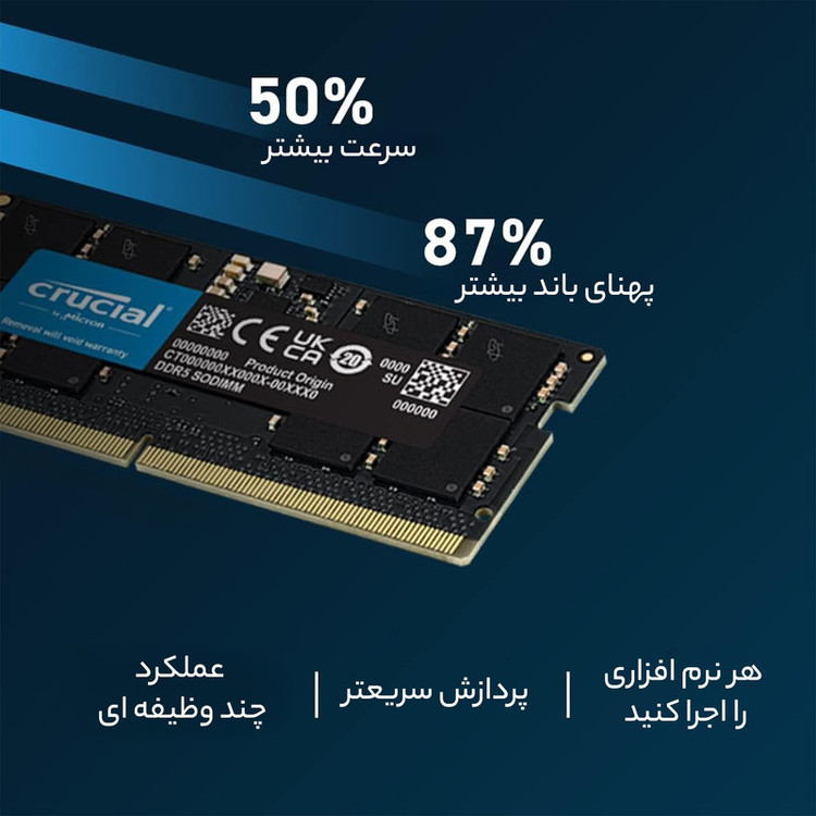 رم لپتاپ کروشیال مدل CT16 DDR5 تک کاناله 16 گیگابایت فرکانس 4800 مگاهرتز تایمینگ CL40 ولتاژ کاری 1.1 ولت نوع SO-DIMM