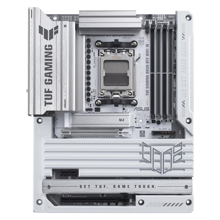 مادربرد ایسوس مدل TUF GAMING B850-BTF WIFI W، فرم فاکتور ATX، سوکت AMD AM5، دارای چهار اسلات رم DDR5، دارای 3 اسلات M.2، دارای Wi-Fi 7 و بلوتوث داخلی، پشتیبانی از پردازندههای Ryzen 9000، چیپست AMD B850، پشتیبانی از اورکلاک پردازنده و پمپ AIO