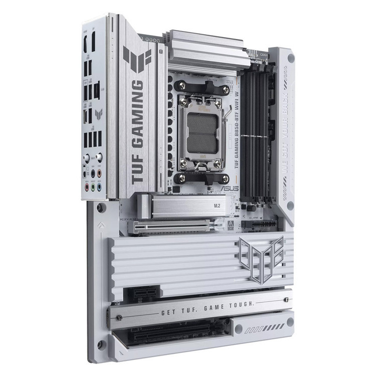مادربرد ایسوس مدل TUF GAMING B850-BTF WIFI W، فرم فاکتور ATX، سوکت AMD AM5، دارای چهار اسلات رم DDR5، دارای 3 اسلات M.2، دارای Wi-Fi 7 و بلوتوث داخلی، پشتیبانی از پردازندههای Ryzen 9000، چیپست AMD B850، پشتیبانی از اورکلاک پردازنده و پمپ AIO