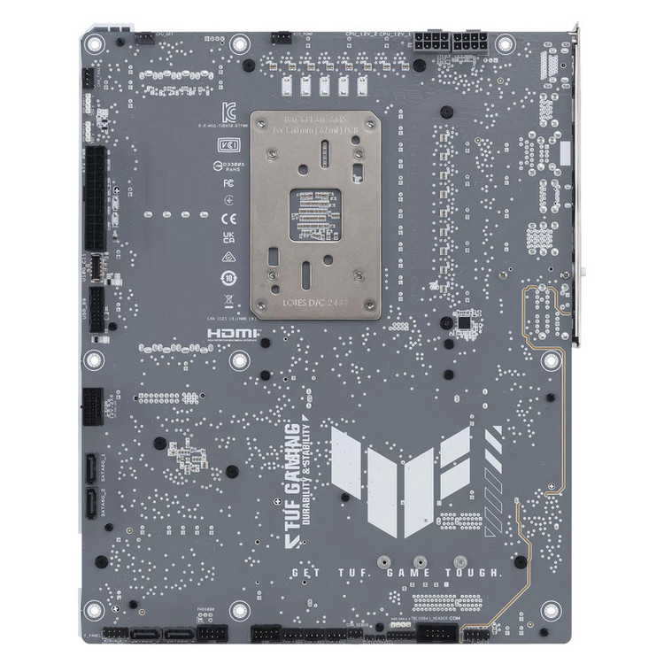 مادربرد ایسوس مدل TUF GAMING B850-BTF WIFI W، فرم فاکتور ATX، سوکت AMD AM5، دارای چهار اسلات رم DDR5، دارای 3 اسلات M.2، دارای Wi-Fi 7 و بلوتوث داخلی، پشتیبانی از پردازندههای Ryzen 9000، چیپست AMD B850، پشتیبانی از اورکلاک پردازنده و پمپ AIO