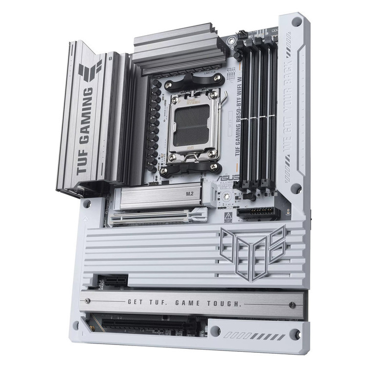 مادربرد ایسوس مدل TUF GAMING B850-BTF WIFI W، فرم فاکتور ATX، سوکت AMD AM5، دارای چهار اسلات رم DDR5، دارای 3 اسلات M.2، دارای Wi-Fi 7 و بلوتوث داخلی، پشتیبانی از پردازندههای Ryzen 9000، چیپست AMD B850، پشتیبانی از اورکلاک پردازنده و پمپ AIO