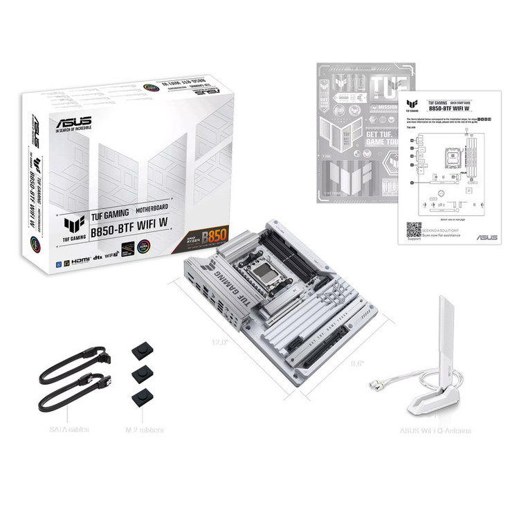 مادربرد ایسوس مدل TUF GAMING B850-BTF WIFI W، فرم فاکتور ATX، سوکت AMD AM5، دارای چهار اسلات رم DDR5، دارای 3 اسلات M.2، دارای Wi-Fi 7 و بلوتوث داخلی، پشتیبانی از پردازندههای Ryzen 9000، چیپست AMD B850، پشتیبانی از اورکلاک پردازنده و پمپ AIO