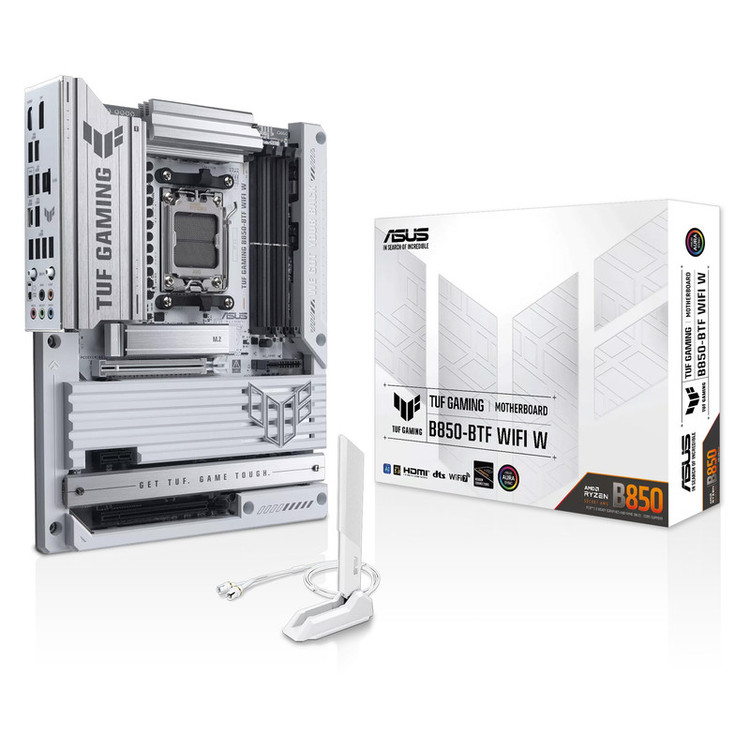 مادربرد ایسوس مدل TUF GAMING B850-BTF WIFI W، فرم فاکتور ATX، سوکت AMD AM5، دارای چهار اسلات رم DDR5، دارای 3 اسلات M.2، دارای Wi-Fi 7 و بلوتوث داخلی، پشتیبانی از پردازندههای Ryzen 9000، چیپست AMD B850، پشتیبانی از اورکلاک پردازنده و پمپ AIO