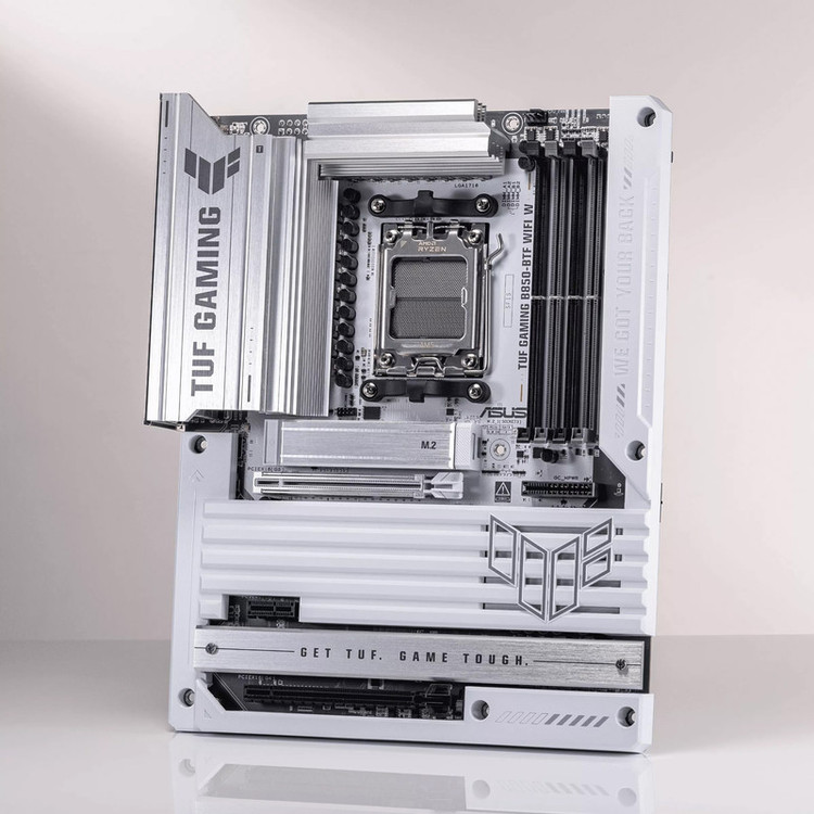 مادربرد ایسوس مدل TUF GAMING B850-BTF WIFI W، فرم فاکتور ATX، سوکت AMD AM5، دارای چهار اسلات رم DDR5، دارای 3 اسلات M.2، دارای Wi-Fi 7 و بلوتوث داخلی، پشتیبانی از پردازندههای Ryzen 9000، چیپست AMD B850، پشتیبانی از اورکلاک پردازنده و پمپ AIO
