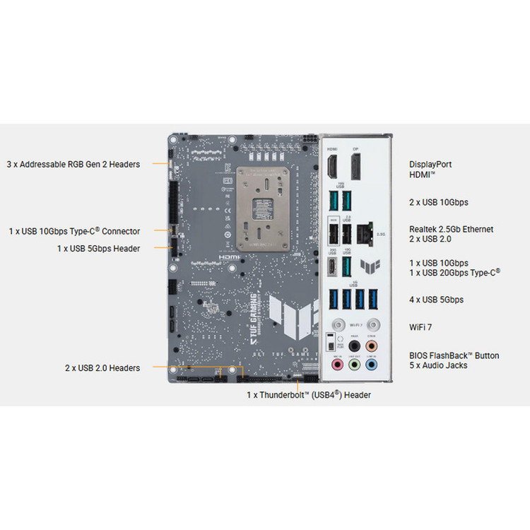 مادربرد ایسوس مدل TUF GAMING B850-BTF WIFI W، فرم فاکتور ATX، سوکت AMD AM5، دارای چهار اسلات رم DDR5، دارای 3 اسلات M.2، دارای Wi-Fi 7 و بلوتوث داخلی، پشتیبانی از پردازندههای Ryzen 9000، چیپست AMD B850، پشتیبانی از اورکلاک پردازنده و پمپ AIO