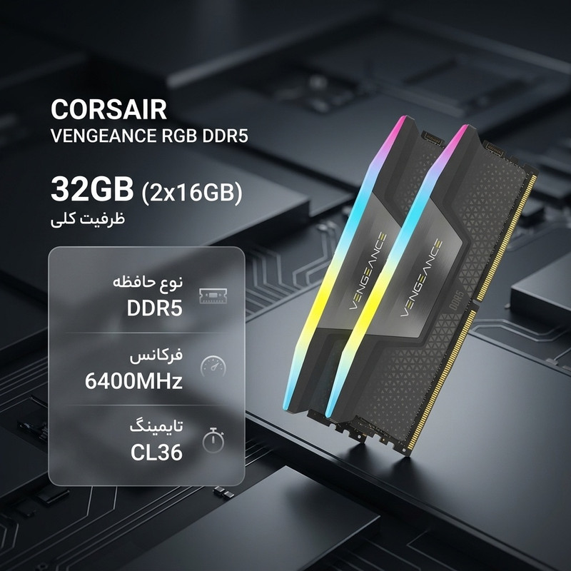 رم دسکتاپ DDR5 کورسیر مدل VENGEANCE RGB ظرفیت 32 گیگابایت، دوکاناله، فرکانس 6400 مگاهرتز و تایمینگ CL36، دارای نورپردازی RGB