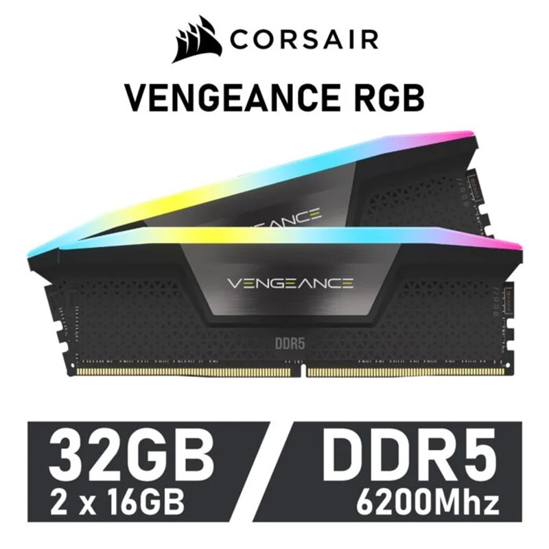 رم دسکتاپ 32 گیگابایت کورسیر مدل VENGEANCE RGB، حافظه از نوع DDR5، معماری 2 کاناله، با 2 ماژول 16 گیگابایتی، تایمینگ CL38، هیتسینک و 288 پین