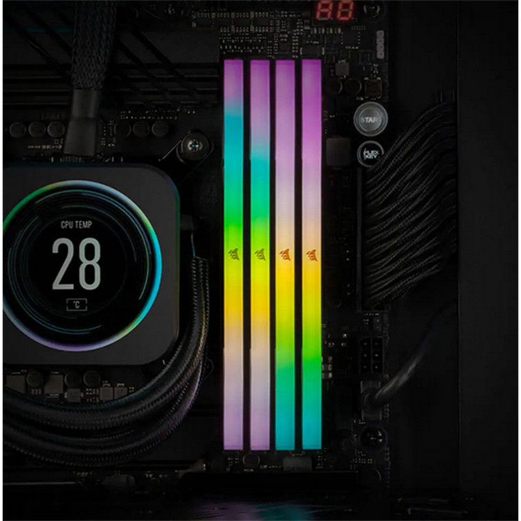 رم دسکتاپ 32 گیگابایت کورسیر مدل VENGEANCE RGB، حافظه از نوع DDR5، معماری 2 کاناله، با 2 ماژول 16 گیگابایتی، تایمینگ CL38، هیتسینک و 288 پین