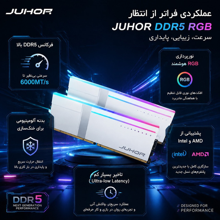 رم دسکتاپ جوهور DDR5 مدل Nicearrow ظرفیت 32 گیگابایت (2x16)، فرکانس 6000 مگاهرتز، تایمینگ CL28، دو کاناله، پشتیبانی از XMP 3.0 و AMD EXPO