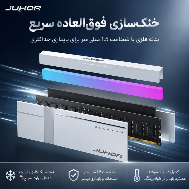 رم دسکتاپ جوهور DDR5 مدل Nicearrow ظرفیت 32 گیگابایت (2x16)، فرکانس 6000 مگاهرتز، تایمینگ CL28، دو کاناله، پشتیبانی از XMP 3.0 و AMD EXPO