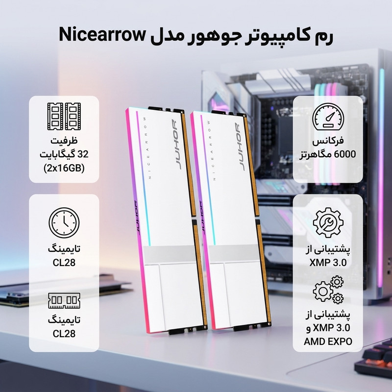 رم دسکتاپ جوهور DDR5 مدل Nicearrow ظرفیت 32 گیگابایت (2x16)، فرکانس 6000 مگاهرتز، تایمینگ CL28، دو کاناله، پشتیبانی از XMP 3.0 و AMD EXPO